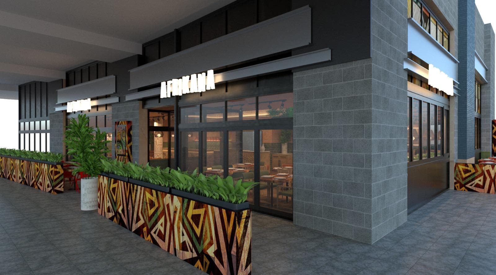 Restaurant frontages and external seating along a retail and leisure scheme