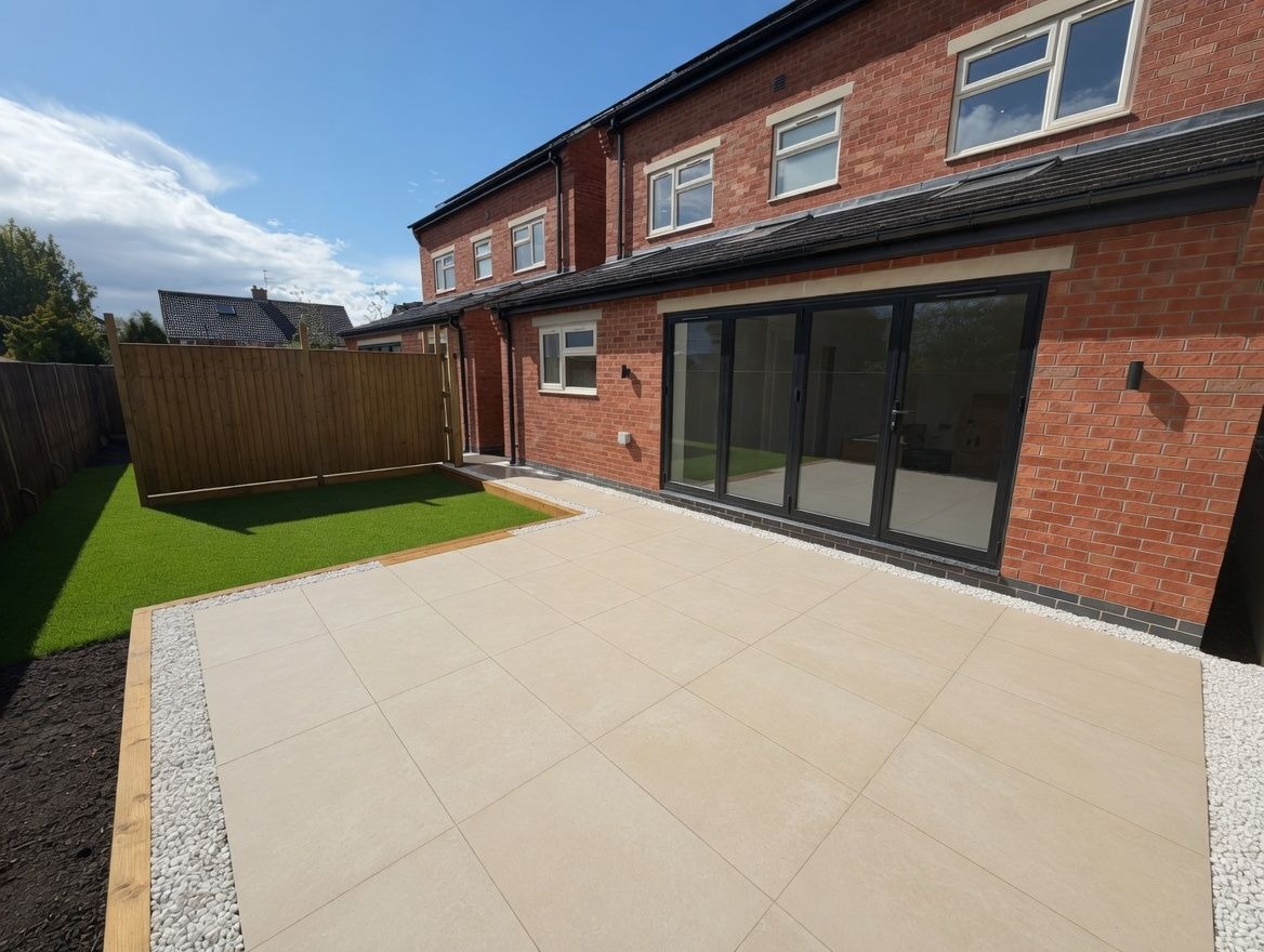 Porcelain patio with gravel margins and lawn behind a new-build home